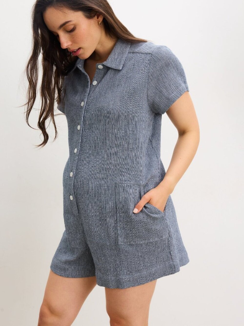 Hatch Textured Maternity Button-Up Romper | Utility Style